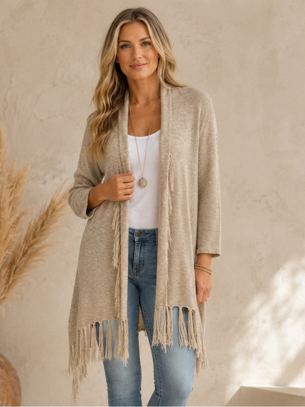 Le Moda NWT Beige Oatmeal Fringe Cardigan Boho Longline Sweater Duster NWT